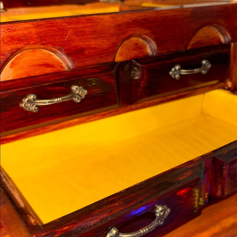 Handmade Vintage Wooden Jewelry Box Treasure Chest Stash Spot Lift Top/2 Drawer - Picture 5 of 17